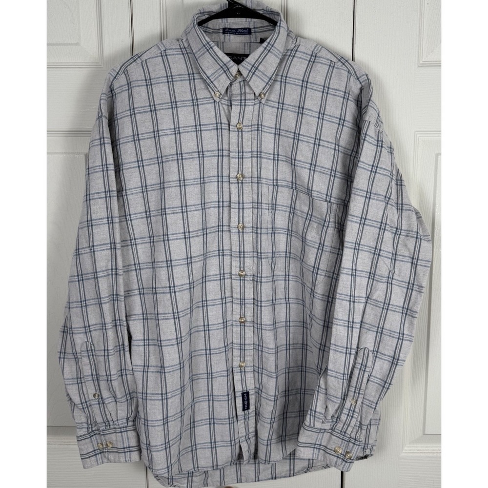 Gant Shirt Mens Large Beige Plaid‎ Linen Blend Long Sleeve Button Down